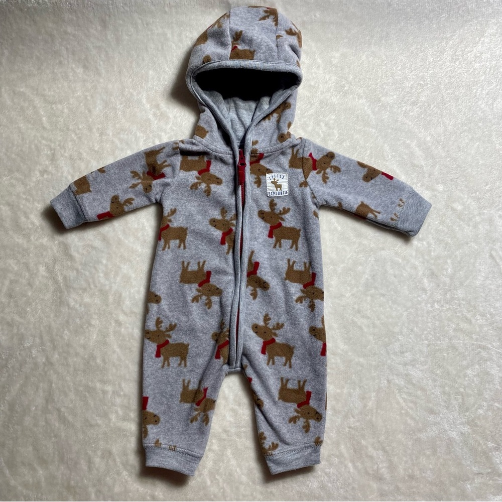 CARTERS Newborn Fleece Hooded Jumpsuit Moose Print One Piece PJs Winter X-mas